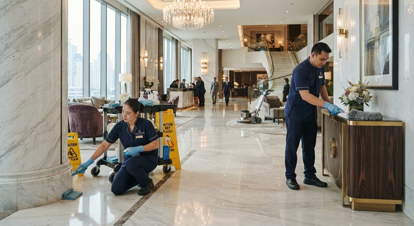 SternxGlanz Team bei der Reinigung einer Hotellobby